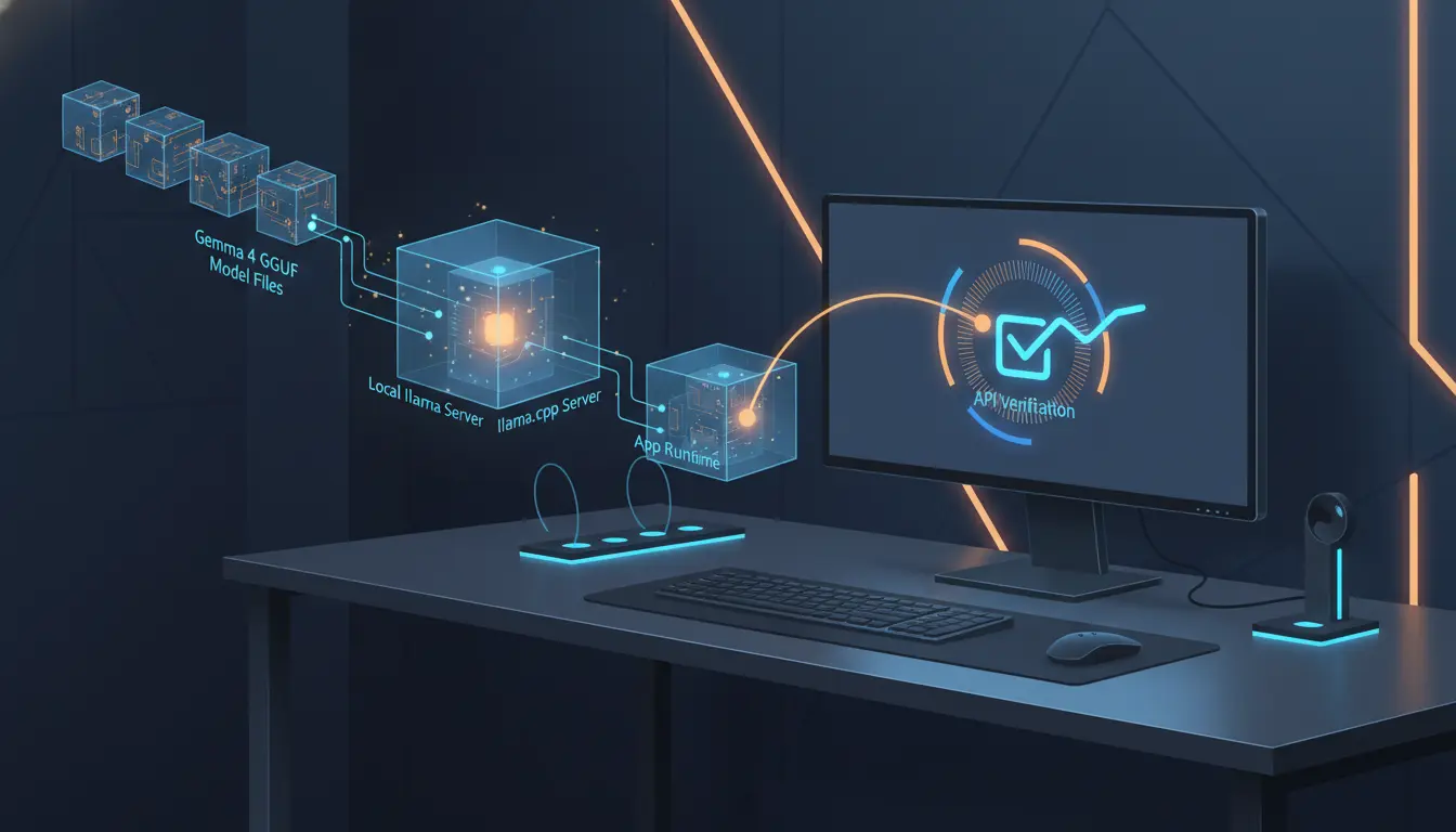 Gemma 4 GGUF 下载插图，展示本地模型文件、运行时与下载管线