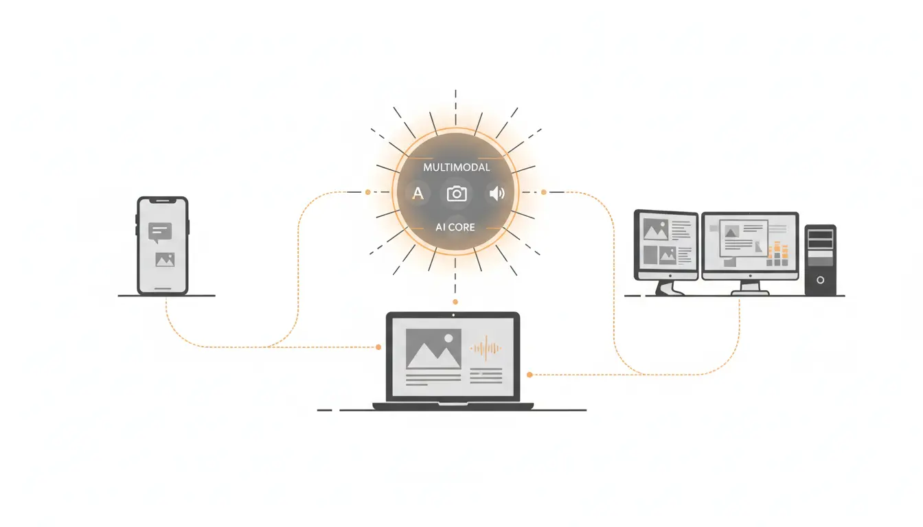 Gemma 4 AI explainer illustration with multimodal core and connected devices