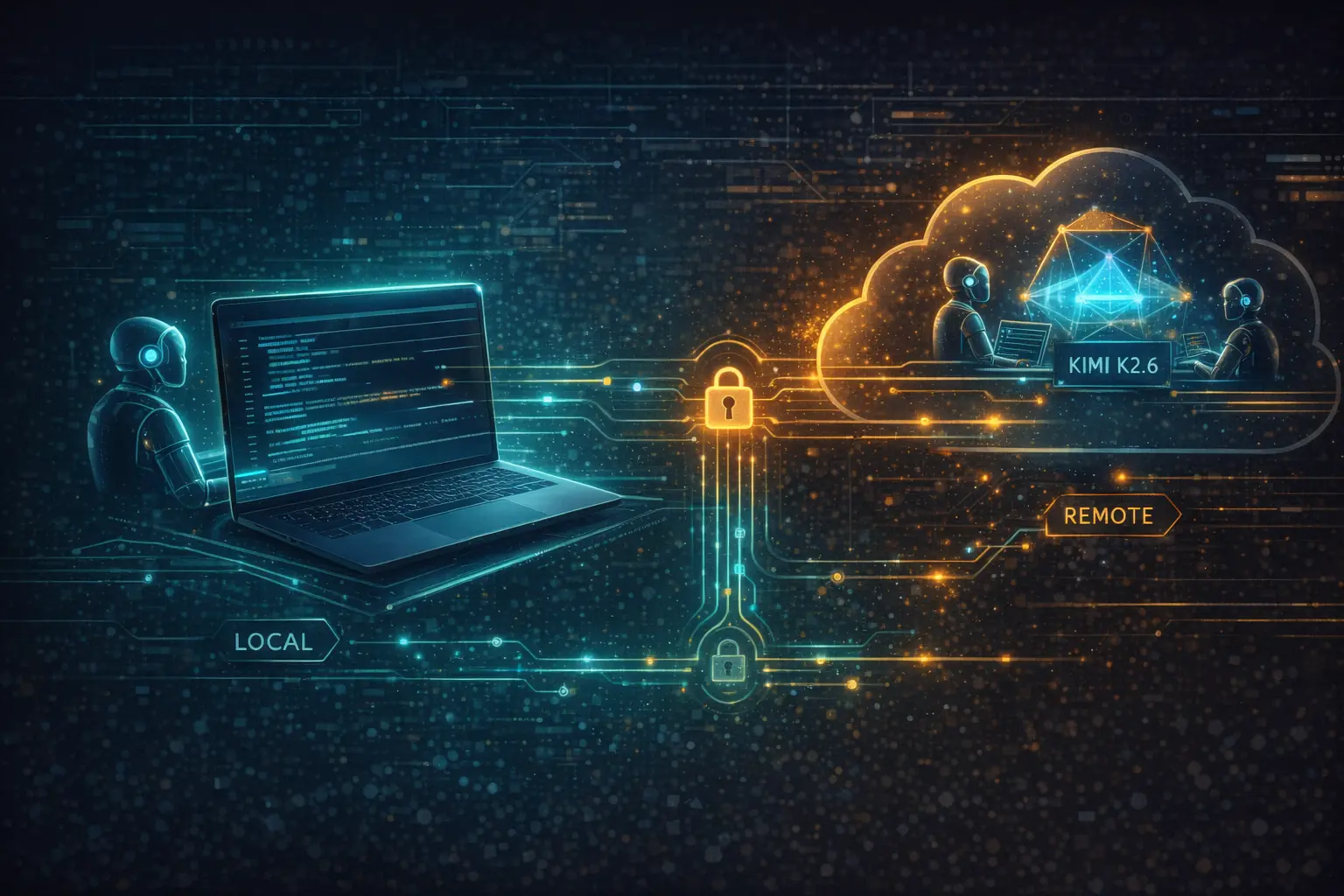 Kimi K2.6 in Ollama illustration showing a terminal, cloud routing, and coding-agent integrations connected through the Ollama interface