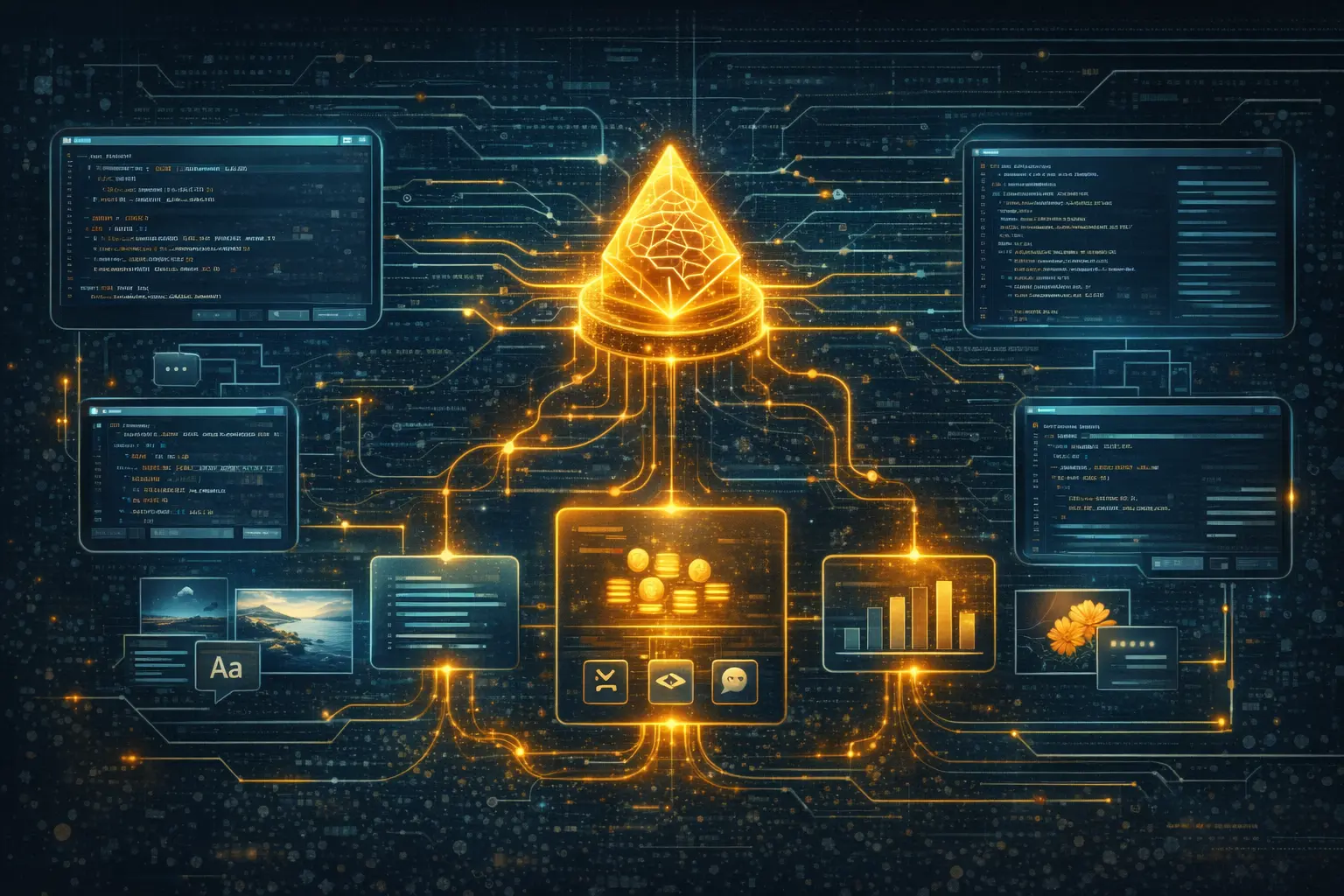Kimi K2.6 review illustration showing multimodal agent workflows, benchmark cards, and coding dashboards around a central model hub
