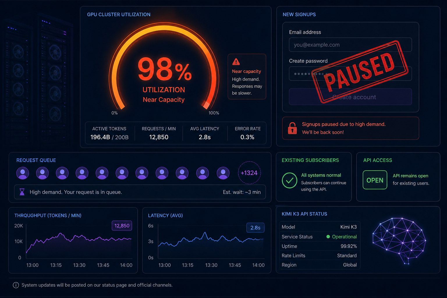 GPU 利用率 gauge が最大近く、pause された signup フォーム、待機ユーザー列を示す capacity-limit ダッシュボードイラスト