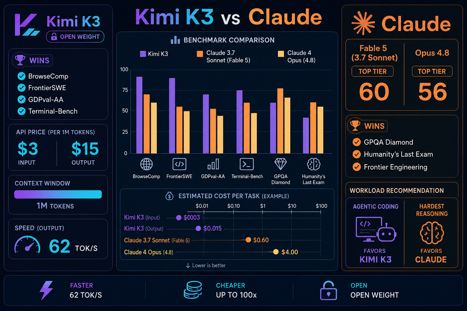 Minh họa so sánh song song Kimi K3 và Claude với thanh benchmark, thang giá và đồ họa context window